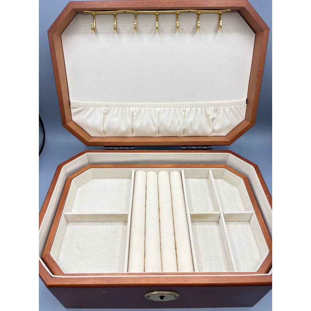 Vintage Wooden‎ Jewelry Box Insert Necklace Hooks Ring Tray Large Hinged